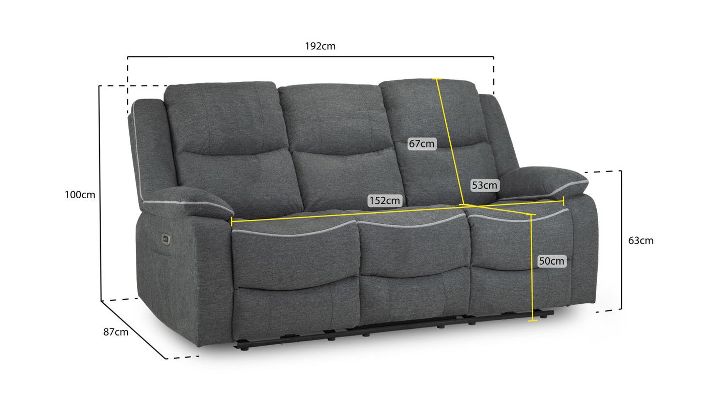 Harald Electric Recliner Sofa Grey Fabric 3 Seater