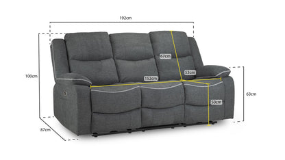 Harald Electric Recliner Sofa Grey Fabric 3 Seater