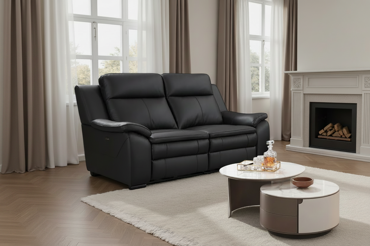 Boston Genuine Leather Electric Recliner Sofa Black 2 Seater