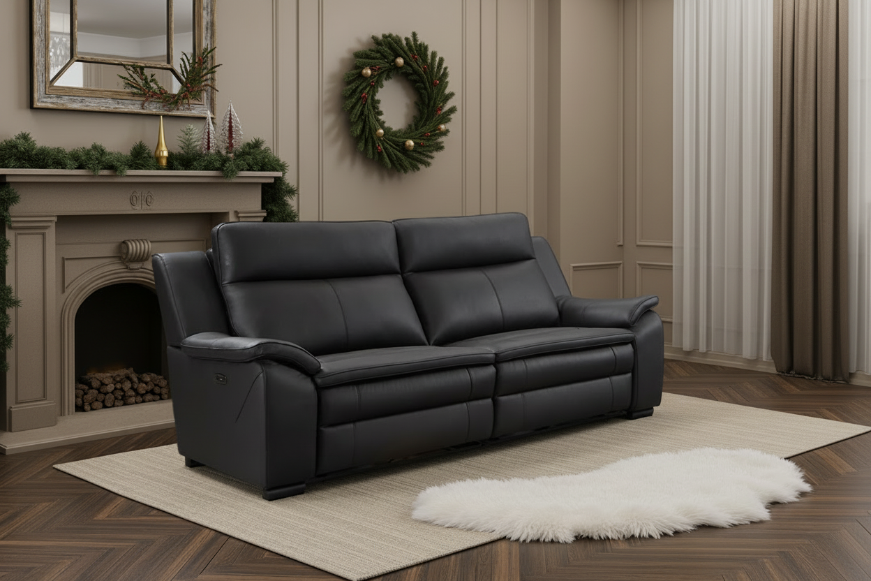 Boston Genuine Leather Electric Recliner Sofa Black 3 Seater